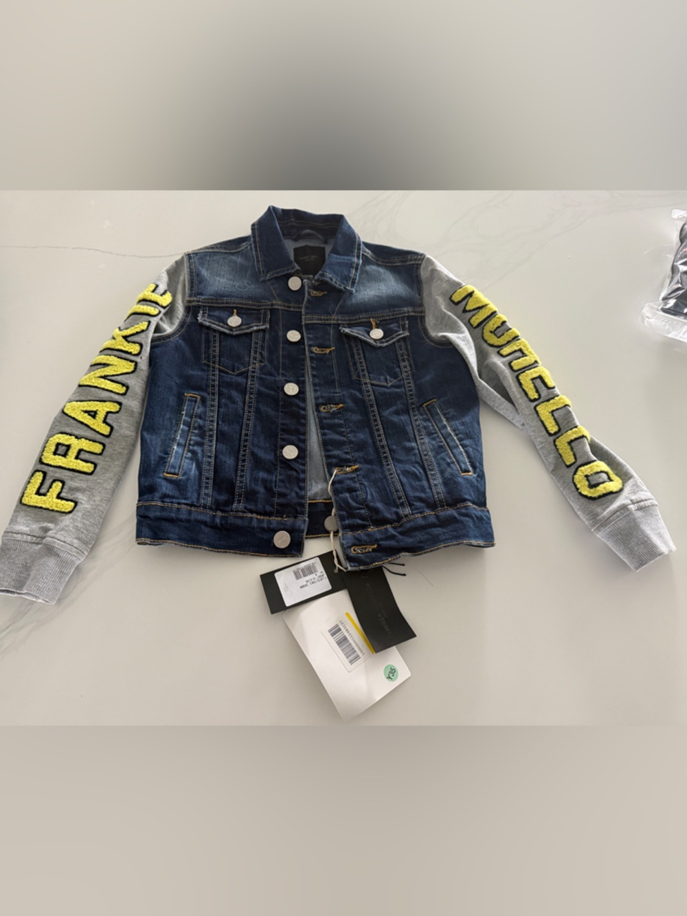 Frankie Morello Kids Denim Jacket with Gray Sleeves and Yellow Lettering